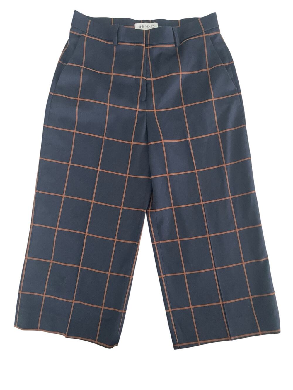 The Fold London Collingham Wool Wide Leg Trousers Navy Check Size 8